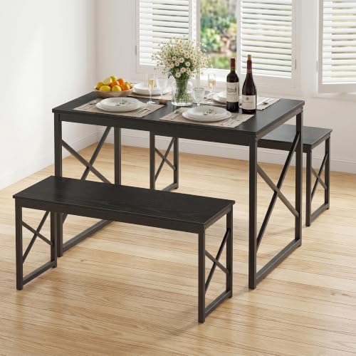 Image of VECELO 43.3 inch Kitchen Dining Table Set for 4, Heavy-Duty Steel Frame & Wood-Grain Tabletop, Space-Saving Dinette Sets with 2 Benches for Breakfast Nook and Small Space, Black