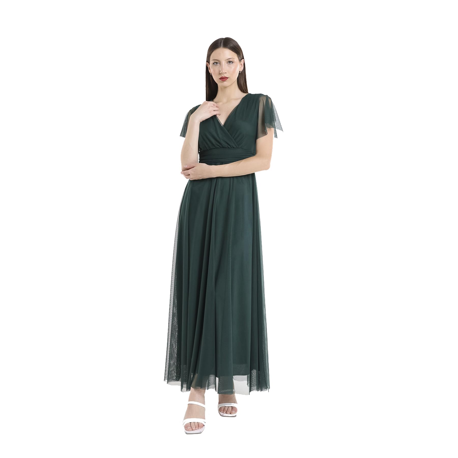 Robe longue élégante femme avec manches volantes et col en V – Robe de cérémonie Made in Italy