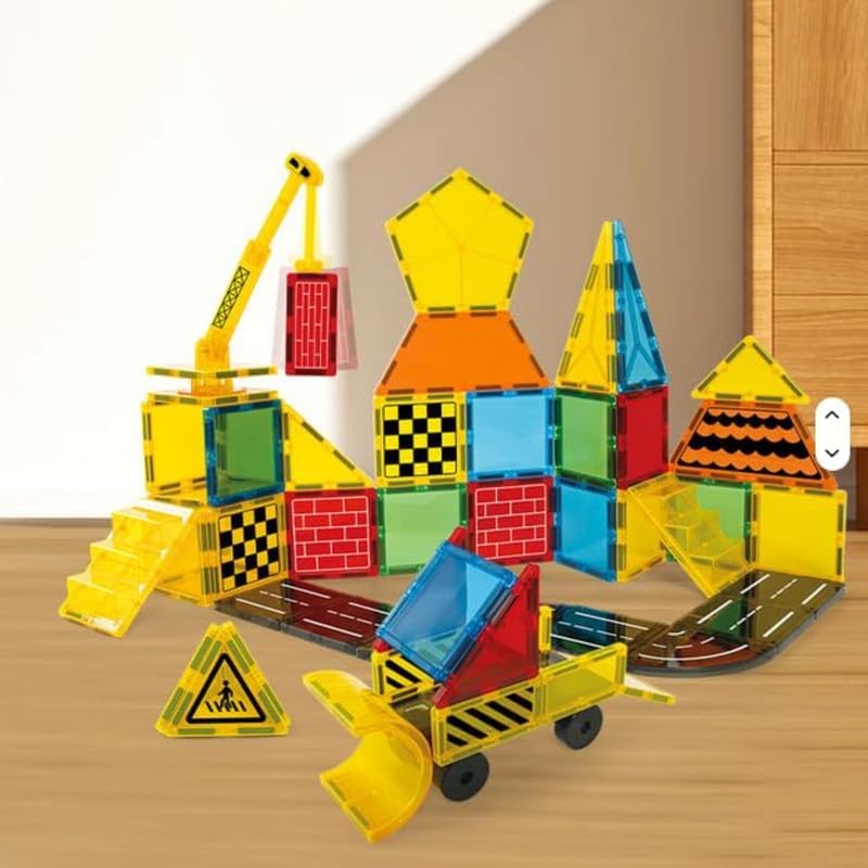 Image of 35 PCS Magnetic Tiles Construction Building Blocks Set with Crane | Colorful Magnetic Blocks | STEM Educational Learning Toy for Kids Boys & Girls Age 3+