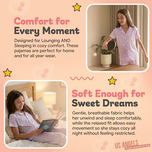 Image of US Angels Girls Pajama Set 3 Piece, Short Sleeve Button Down PJs with Shorts & Pants, Soft Sleepwear Girls & Tweens Size 5-16