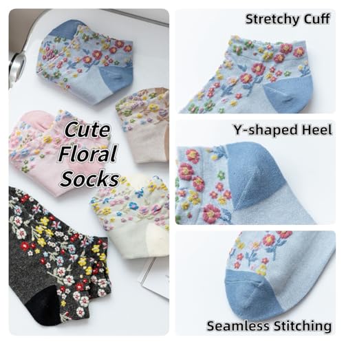 5 Pairs Cute Ankle Socks Kawaii Embroidered Floral Combed Cotton Socks For Girls Women3