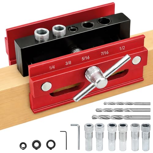 Self-Centred Dowelling Jig Kit with 6 Drill Guide Bushings, Adjustable Woodworking Drill Guide - Red