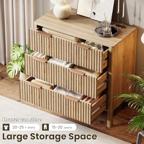 Image of 32 inch Wide Fluted 3 Drawer Dresser for Bedroom, Wooden Dresser Modern Chest of Drawers End Table Dressers with Organizer Storage for Bedroom, Living Room, Entryway, Oak