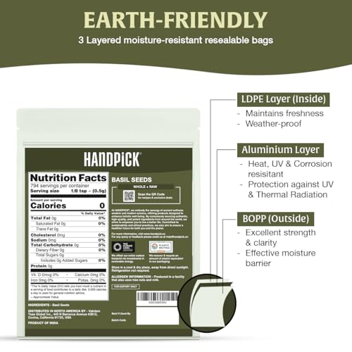 HANDPICK Holy Basil Seeds (397g/14oz) Gluten free, Raw Sabja, Tukmaria Seeds from India, Packed in Resealable Zip Lock Pouch - Image 2