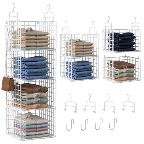 Hanging Closet Organizer, 4 Tier Metal Closet Organizers and Storage with 4 Hanging Hooks 4 S-Hooks for Wardrobe Laundry Room, Wire Storage Shelf for Clothes Sweaters Pants (White)