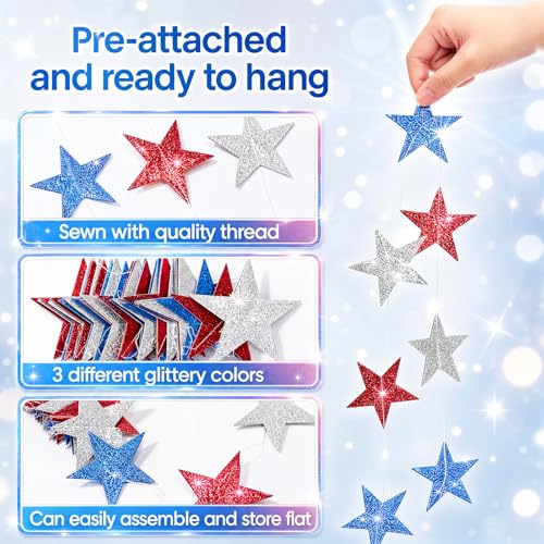 Image of Patelai Glitter Star Garland Banner 2026 Graduation Decor 130 Feet Star Hanging Banner Twinkle Backdrop for Party Birthday Classroom Wedding Supplies(Red, Blue, Silver)