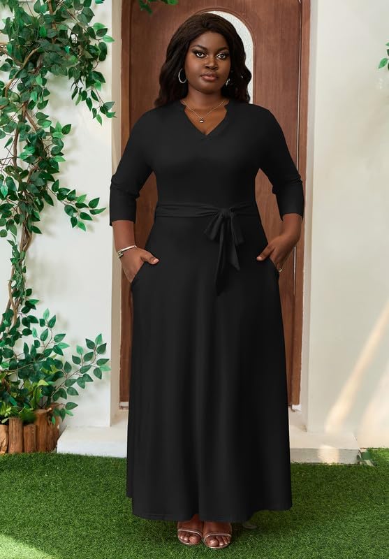 Elegant Church Maxi Dresses for Women Plus Size V-Neck 3/4 Sleeve Casual Fall Dress with Pockets - Image 2