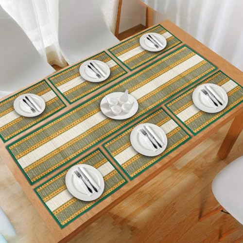 Image of Handmade River Grass Dining Table Mats Set of 6 Pieces & Runner | Heat Resistant Korai Grass Dining Mats | Natural Eco Friendly Madurkathi Placemats | Nature Green Tablemats