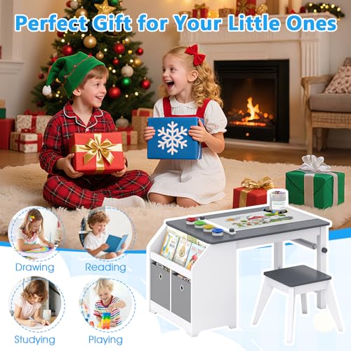 Image of Costzon Kids Art Table and Chairs, Wooden Activity Desk Set w /Paper Roll, 4 Paint Cups, Storage Shelves and 2 Fabric Bins for Drawing Playing, Craft Toddler Table Set for Playroom Nursery & Classroom