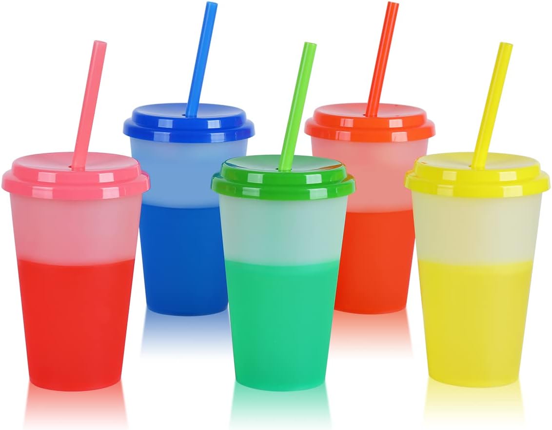 heincar Color Changing Cups with Straws & Lids: 5 Pack 12oz Kids Cute Plastic Bulk Straw Cups - Reusable Party Travel Tumbler Set for Cold Drinking Smoothie Juice/Adults Iced Coffee Cups