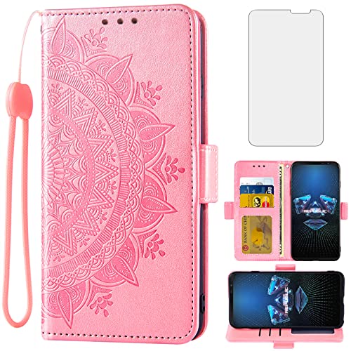 Asuwish Compatible With Asus Rog Phone 5/5 Pro/5S/5S Pro/5 Ultimate Wallet Case And Tempered Glass Screen Protector Card Holder Flip Wrist Strap Cell Phone Cover For Rog Phone5 Phone5S Women Rose Gold #TOP12