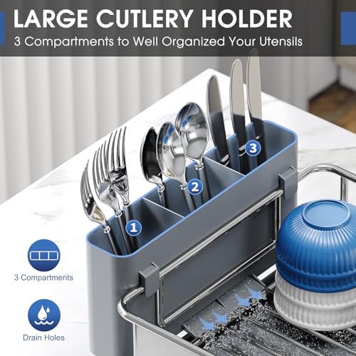 Image of Urackify Stainless Steel Dish Drying Rack - Large Capacity Kitchen Counter Organizer with Drain Board, Utensil Holder & Detachable Cup Shelf, 304 Surgical-Grade Rust-Proof Dish Drainer, Easy Assembly