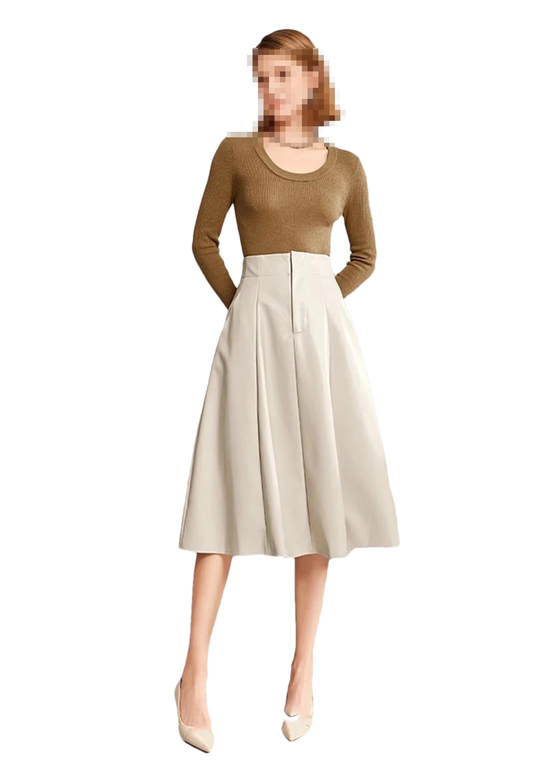 Falda hasta la Rodilla de Cuero sintético Suave y Elegante para Mujer Falda Midi de Cintura Alta con Bolsillo,Fblanco-XL