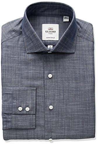 Ben Sherman Men's Kings Fit Slim Slub Chambray Dress Shirt, Navy, 15.5" Neck 34"-35" Sleeve