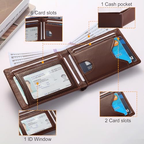 bifold leather wallets for men rfid blocking,slim mens minimalist wallet 8 card slot with 1 ID window（coffee）3