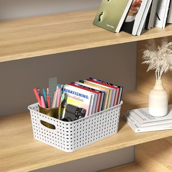 6-Pack Woven Plastic Storage Baskets, White Pantry Plastic Baskets