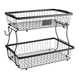 2-Tier Stackable Wire Basket with 2 Banana Hooks, Pantry Organizer for Kitchen Countertops, Cabinets & Under-Sink Spaces; Ideal for Storing Snacks, Fruits, Veggies, Onions, Potatoes, & More,Black