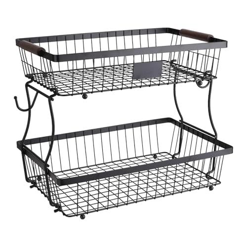 2-Tier Stackable Wire Basket with 2 Banana Hooks, Pantry Organizer