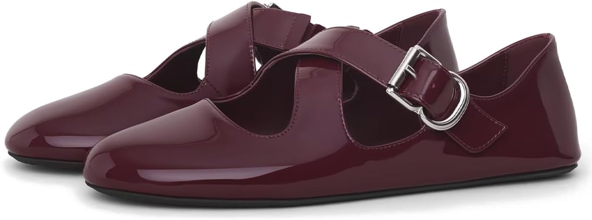 Women's Cross Ballet Flats Round Toe Buckle Ballerina Flats Comfort Mary Jane Flat Business Casual Flats Shoes