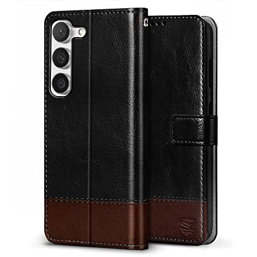 Image of FLIPPED Vegan Leather Flip Case Back Cover for Samsung Galaxy S23 5G (Flexible, Shock Proof | Hand Stitched Leather Finish | Card Pockets Wallet & Stand | Black with Brown)