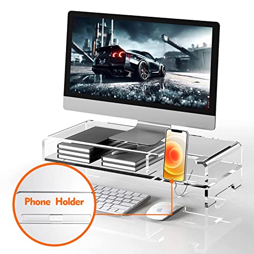 Beygorm Acrylic Monitor Stand Riser, Wide 20", 2 Tier Computer Stand With Storage, Desk Organizer Desktop Printer Stand Laptop Storage Shelf Screen Holder With Phone Holder(Clear) #TOP2