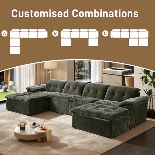 Image of 157 inch Oversized U Shaped Sectional Cloud Couch, Large Modern Cloud Sectional Couch with Ottoman, Chenille 6 Seat Sofa Set, Modular Sectional Sofa for Living Room, No Assembly Required, Green
