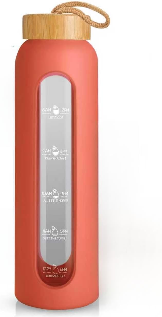 Sursip 32 oz Glass Water Bottle with Time Marker,1 Liter BPA-Free Reusable Motivational Water Bottle with Non-Slip Silicone Sleeve and Bamboo Lid, Leak-Proof, Dishwasher Safe
