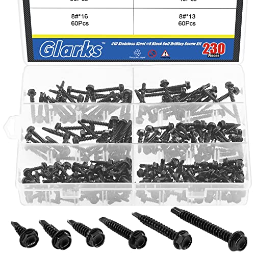 Glarks 230Pcs 410 Stainless Steel #8 Hex Washer Head Self Drilling Screws Assortment Kit 6 Size Black #8x1/2", 8x5/8", 8x3/4"