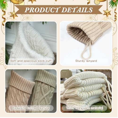 steo spce 3 Pack Neutral Farmhouse Christmas Stockings – Large 18” Rustic Boho Vintage Cable Knit Holiday Stockings in White Beige Apricot Tones for Fireplace Mantel Hanging Family Décor - Thumbnail 4