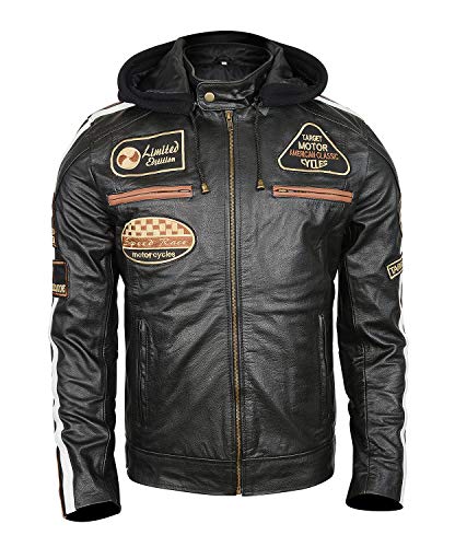 LP-FACON Mens Black Vintage Badges Protective Motorcycle Leather Jacket Retro Stripes Moto Racing Biker Armor Padded | Removable Hood