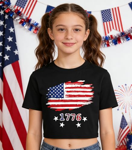 Image of Tkria Girl Crop Tops July 4th Crewneck Tshirt American Flag Patriotic USA Flag Girls Outfit Clothes Size 6-14