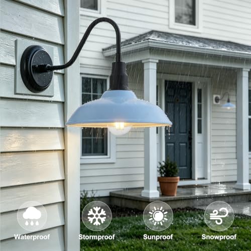 Image of 10 Inch Dome Gooseneck Barrn Light Outdoor, Baby Blue Goose Neck Farmhouse Outdoor Lights Fixture, Barn Style Exterior Wall Lighting Fixtures for Garage, Porch, Entryway