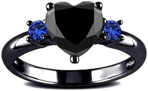 XIALV Anillo de promesa chapado en rodio negro de ágata simulada en forma de corazón y circonita cúbica azul para mujer (talla 8 de EE. UU.),
