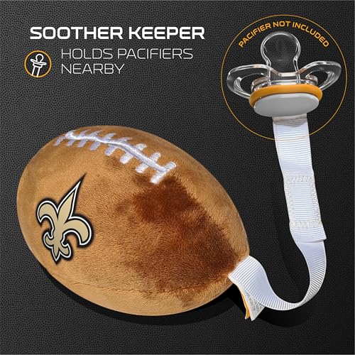 Image of New Orleans Saints Plush Football Pacifier Holder by Smilo - Officially Licensed NFL Soother Holder - Soft Plush Toy and Dummy Holder - Fits Any Pacifier - Stroller Accessory & Newborn Essential