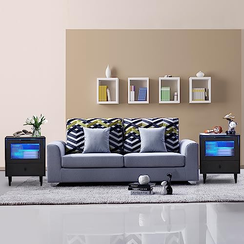 Wirrytor Nightstand With Led Strip Lights And Charging Station, Smart Bedside Table With Remote, 2 Drawers End Table With 2 Usb Ports, 2 Outlets For Bedroom, Black #TOP4