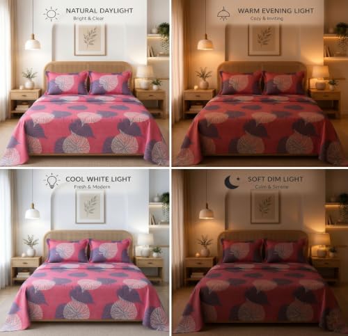 Image of HOMEKART Glace Cotton 160 TC LeafPrinted Double Bedsheet with 2 King Size Pillow Covers | Soft & Durable | 86 x 88Inches (Rose Pink)