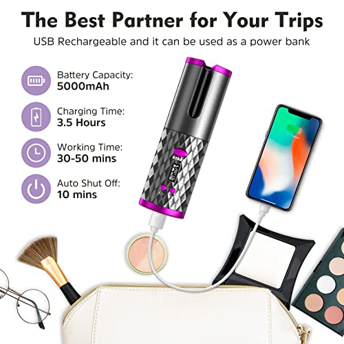 Automatic Curling Iron, Cordless Auto Hair Curler, Ceramic Rotating Hair Curler with 6 Temps & Timers, Portable Rechargeable Curling Wand, Auto Shut-Off, Fast Heating Iron for Styling