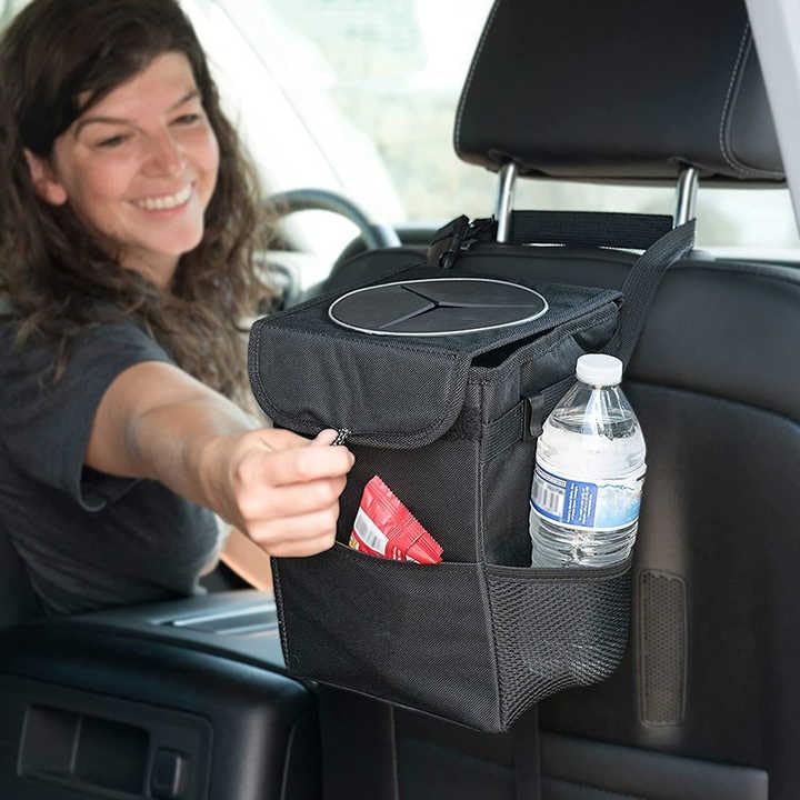 Image of Car Trash Can with Lid and Storage Pockets - 100% Leak-Proof Organizer, Waterproof Trash Can, Multi-Purpose Car Trash Can, 2 Gallon, Black