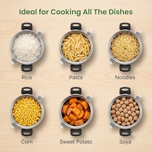 Image of MYNAKSHA Stainless Steel Strainer Pot with Lid, Heavy Base Rice Cooker with Locking Handles, Induction & Gas Compatible, Drain Easily, Ideal for Pasta, Lentils,Noodles & Vegetables - 4.6 L