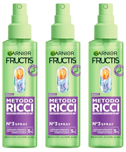 Garnier Fructis Spray Idratante Metodo Ricci con Burro di Karité e Acido Ialuronico Definisce Nutre Ravviva il Riccio Formula Vegana Senza Siliconi per la Cura dei Capelli - 3 Flaconi da 150ml