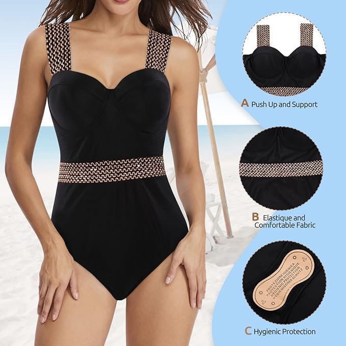 Image of Black Wide Strap One Piece Contrast Trim Push Up Suit| Gold Sequine Strap Swimsuit| Honeymoon Nightwear & Bedroom Wear| First Night Bridal & Teddy Bodysuit for Women
