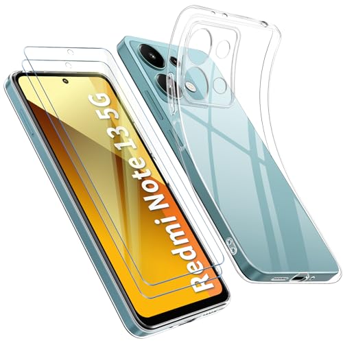 Qasyfanc Funda Compatible con Xiaomi Redmi Note 13 5G Carcasa con Protección de La Cámara y 2 Piezas Cristal Templado, Funda Redmi Note 13 5G Silicona Suave Caso Delgada, Transparent