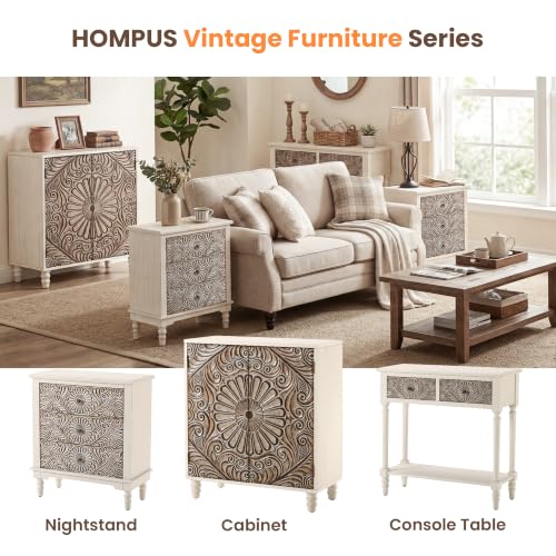 Image of HOMPUS Farmhouse 3-Drawer Dresser with Flower Pattern, Night Stand with 3 Storage Drawers, Fully Assembled Nightstand for Boho, Accent End Table, Chest of Drawers for Entryway, Bedroom, Distress White