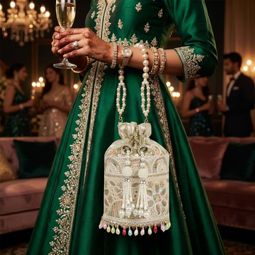 Image of Nevis Silk Fabric Embroidered Potli Bag with Pearl Beaded Handle | Designe Ethnic Drawstring Clutch for Wedding, Festive