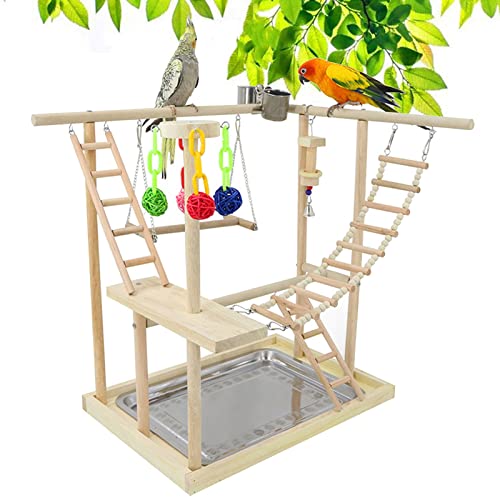 Joyeee Großes Sittich-Spielplatz, mit Stahl-Vogelfutterschale, Spielplatz-Schaukel, Holzleiter, Bunte Vogelspielzeug-Rattan-Bälle, Edelstahl-Tablett, zum Aufheben von Lebensmitteln, 48 x 33 x 54,4 cm