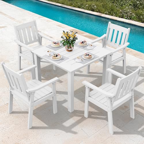 Image of YEFU HIPS Patio Table Set: 5 Piece Outdoor Square Table and Chairs with Metal Aluminum Frame - White Modern Plastic Patio Dining Furniture Set 4 Person for Outside Deck