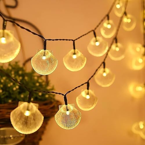 Xiao Warm White Solar Seashell String Lights 7M 50Led Waterproof 8 Modes Sea Shell String Lights Ocean Theme Lights For Covered Outdoor Camping (Warm White)