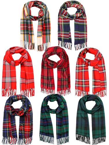 8 Pcs Christmas Checked Scarf Long Winter Soft Scarf Warm Scottish Tartan Plaid Bulk Classic Buffalo Plaid Shawls Wraps for Women Men Gift