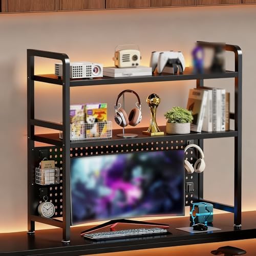 2-Tier Metal Desk Hutch for Home & Office, Black Desktop Storage Rack with Pegboard, Bookshelf for Dormitory, Modern Metal Desk Organizer (37.4in)