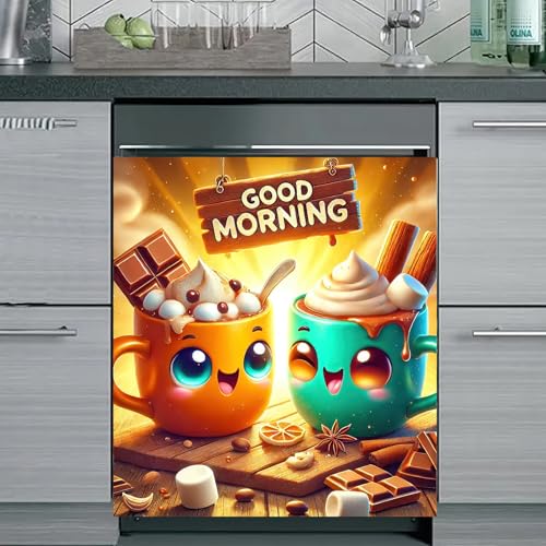 Image of HOMETITUTE Good Morning Magnetic Dishwasher Cover 23x26 Inch Cartoon Cup Cocoa Marshmallow Panel Sticker for Kitchen Fridge Door Appliance Magnet Decorative Breakfast Theme Wrap